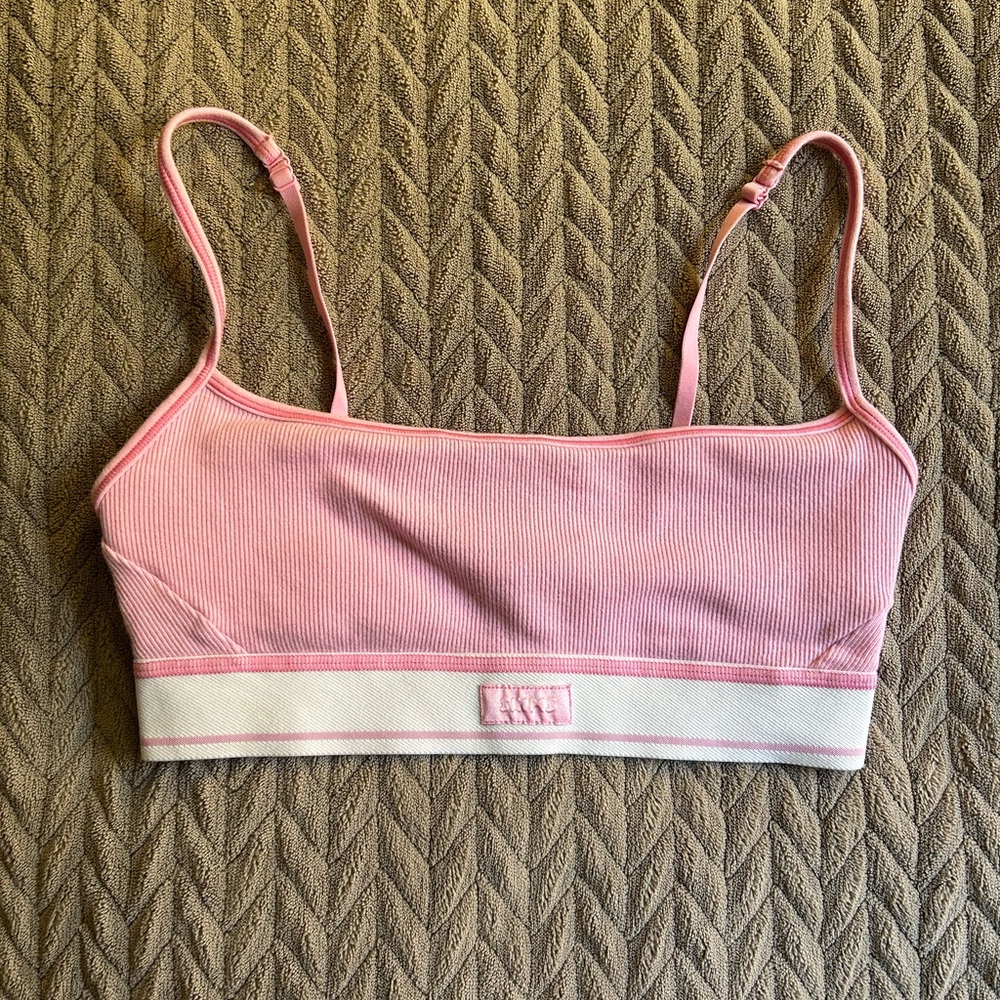 SKIMS Pink Ribbed Bra with White Accents